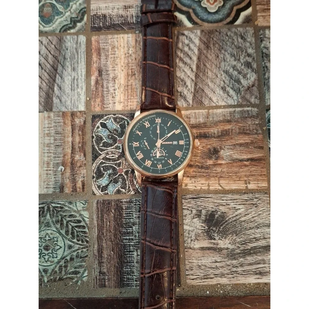 Mreurio 43mm Rose Gold Mens Chrono Watch. Brown  Alligator Embossed Band.